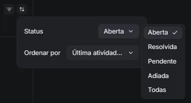área superior da lista de conversas mostrando o filtro de status. Idealmente, abrir o seletor para que os diferentes estados fiquem visíveis