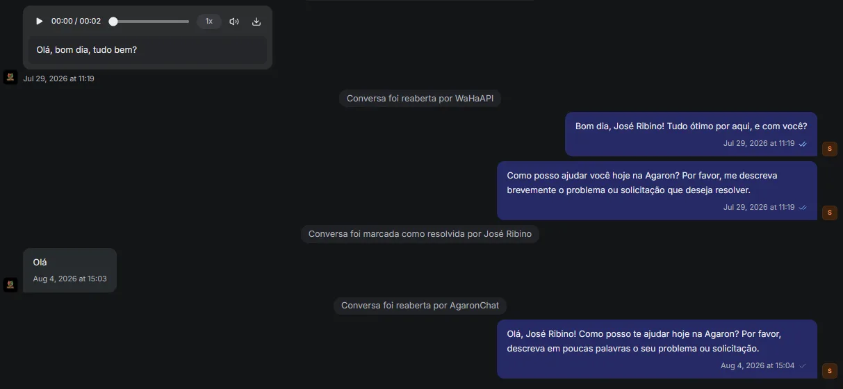 uma conversa com histórico antigo e mensagens recentes no mesmo chat, mostrando visualmente a continuidade