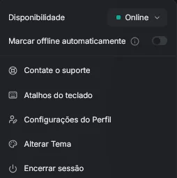 menu do perfil aberto, mostrando Disponibilidade, Marcar offline automaticamente, Contate o suporte, Atalhos do teclado, Configurações do Perfil, Alterar Tema e Encerrar sessão