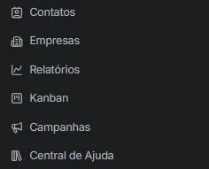 menu lateral destacando Contatos, Empresas, Relatórios, Kanban, Campanhas e Central de Ajuda