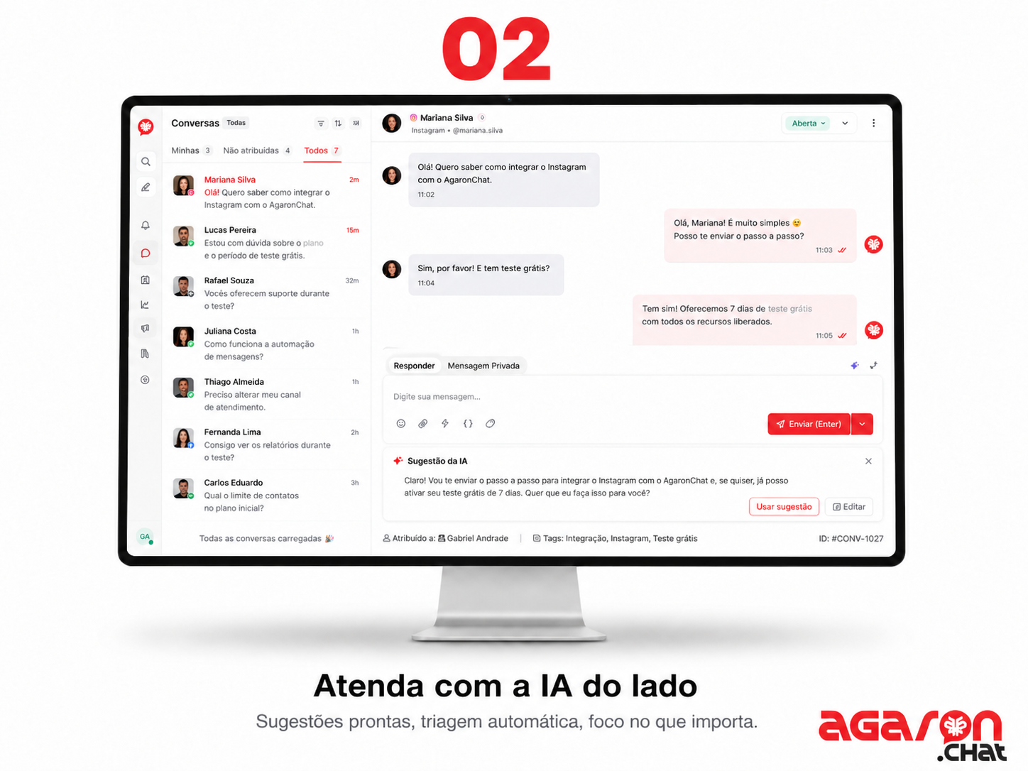 Exemplo real de conversa no AgaronChat: atendimento via WhatsApp com sugestões de IA